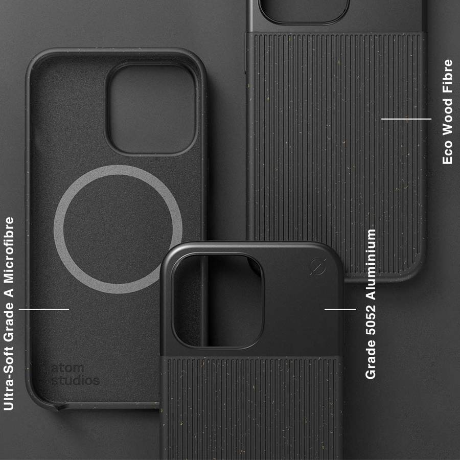 Husa Atom Studios Iphone 13 Pro Stil/Sustenabil/Protectie, Fibra Lemn - Negru